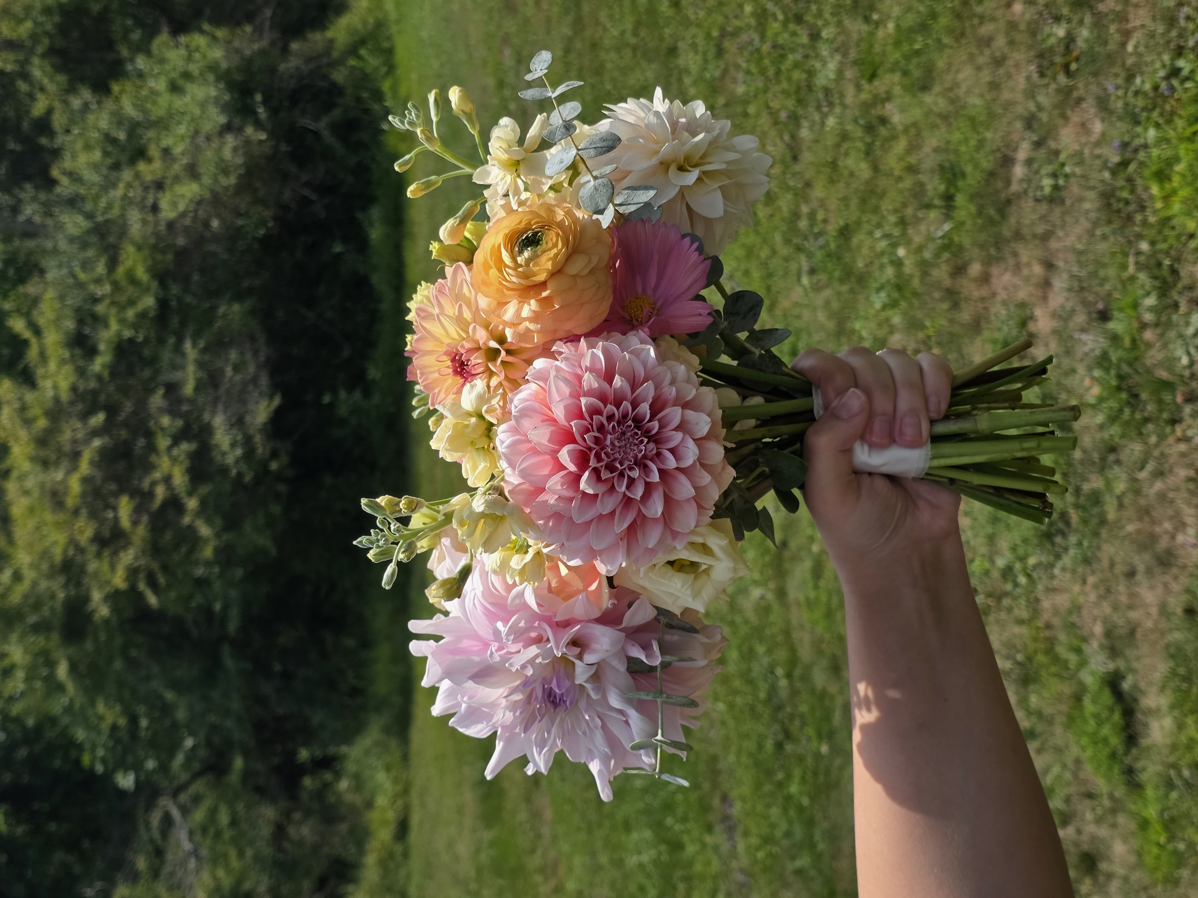 Blush dahlias and peach flowers in a hand-held seasonal bouquet