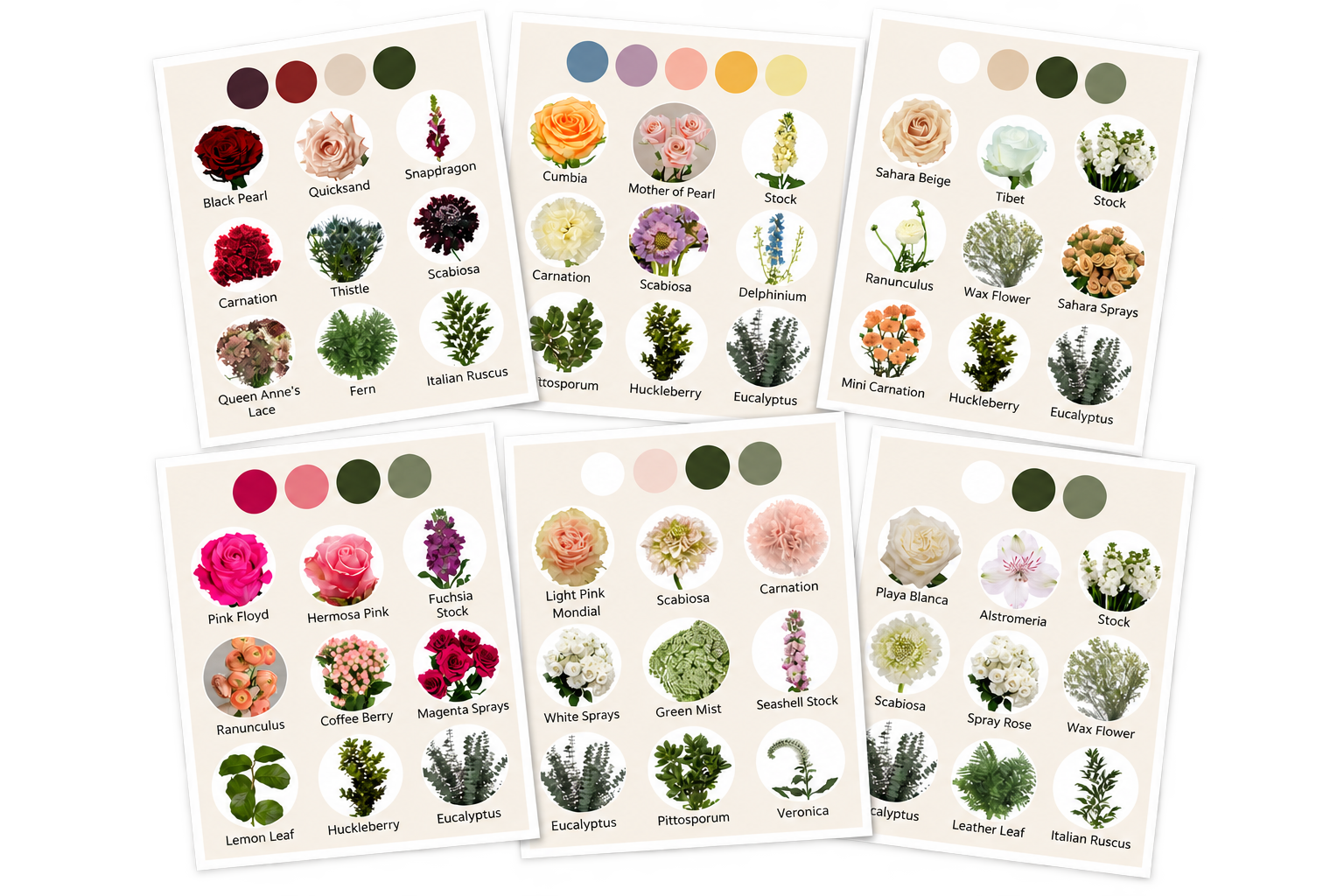 Six overlapping wedding flower palette cards: burgundy, berry, pastel rainbow, blush with white and green, beige with white and green, and white and green